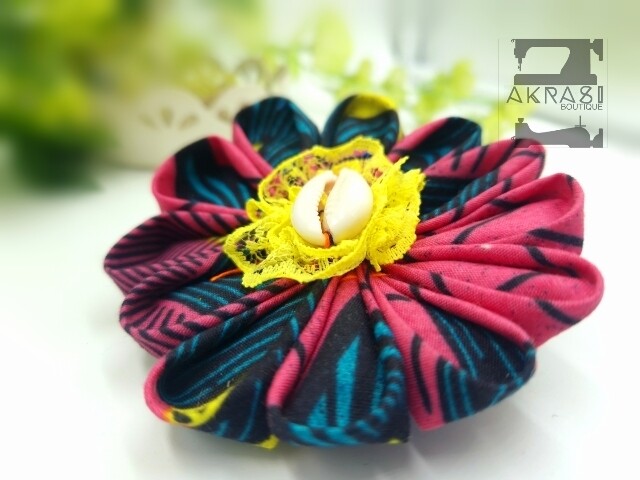 Kente print flower with lace &amp; cowrie centre | flower pin | flower hair clip | flower brooch | clothing accessories