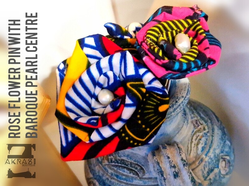 Ankara alchemy blue &amp; white rose flower with baroque pearl centre  | flower pin | flower hair bun pins