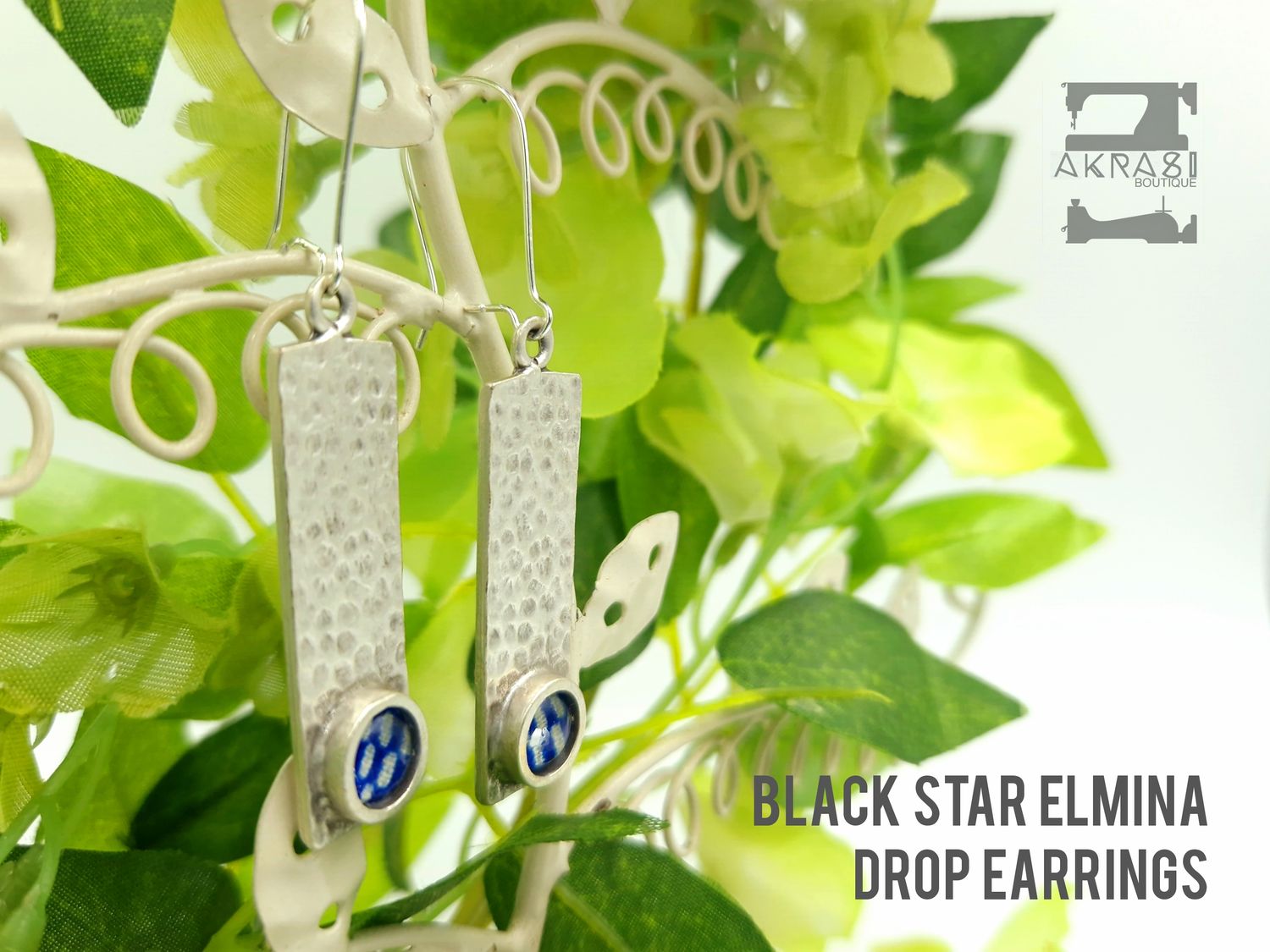 Antique silver with blue and white kente detail, drop earrings Antique silver with blue and white kente detail, drop earrings