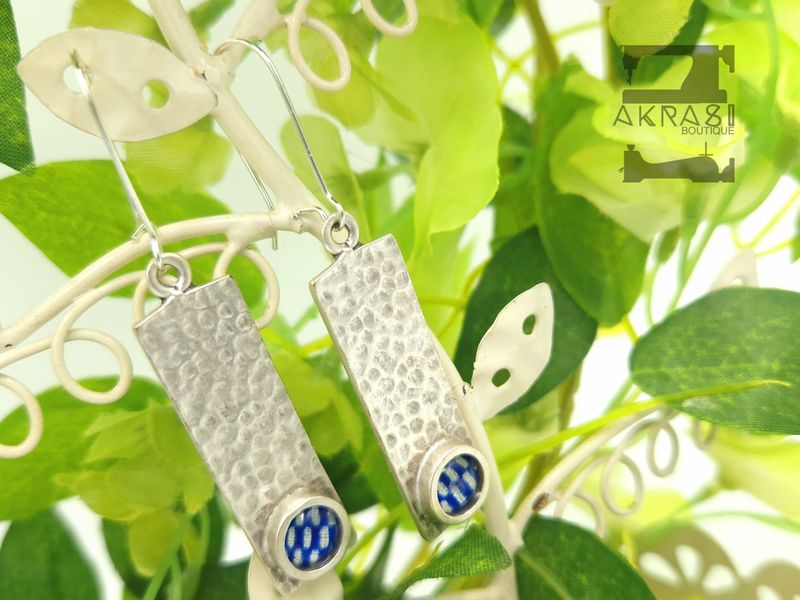 Antique silver with blue and white kente detail, drop earrings
