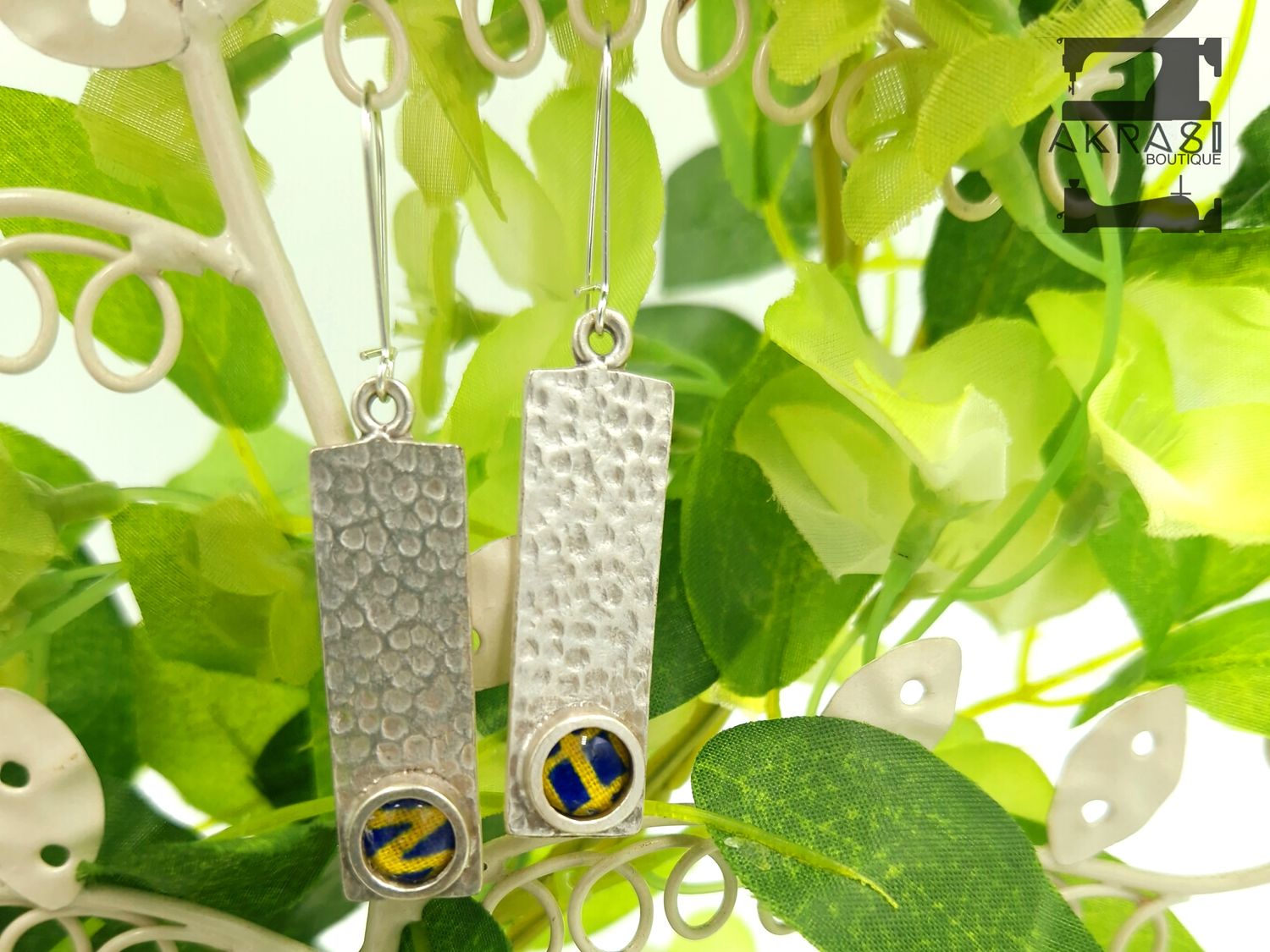 Antique silver with blue and yellow kente detail drop earrings Antique silver with blue and yellow kente detail drop earrings