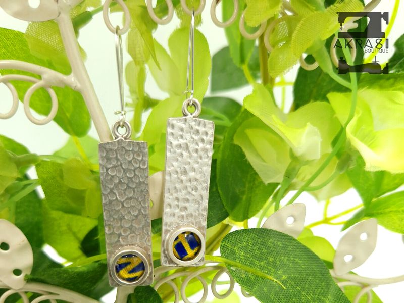 Antique silver with blue and yellow kente detail drop earrings