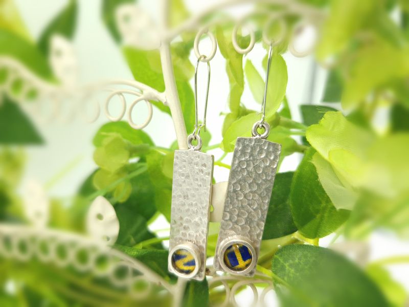 Antique silver with blue and yellow kente detail drop earrings