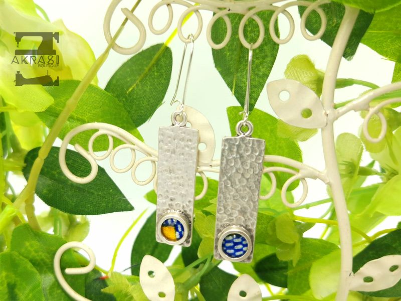 Antique silver with blue, white and yellow kente detail drop earrings