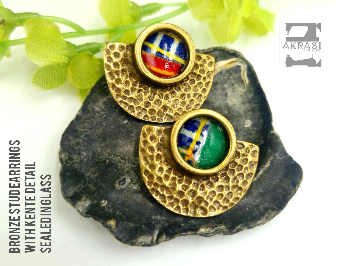 Kente bronze stud earrings sealed in glass