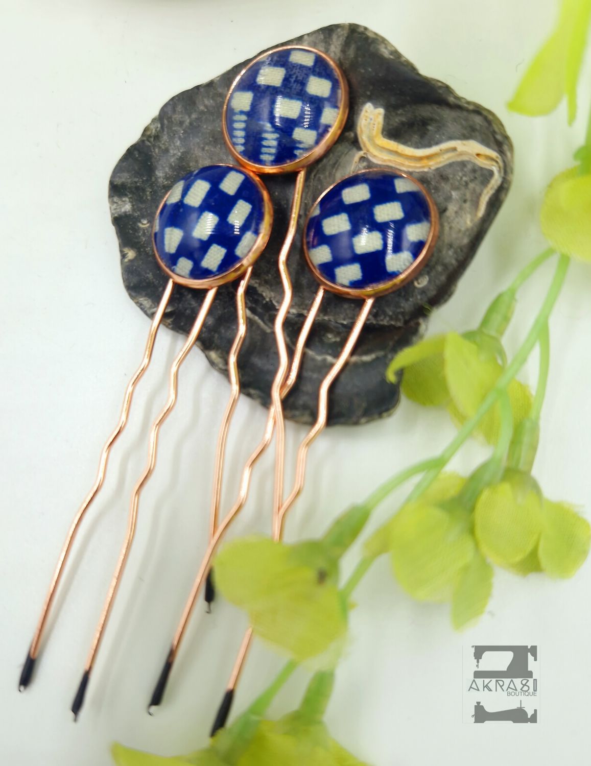 Kente hair pin set in bronze | African Bobby pin | Kente hair slide