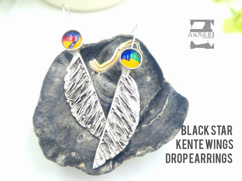 Antique silver black star kente wings drop earrings