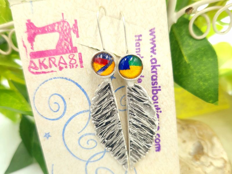 Antique silver black star kente wings drop earrings