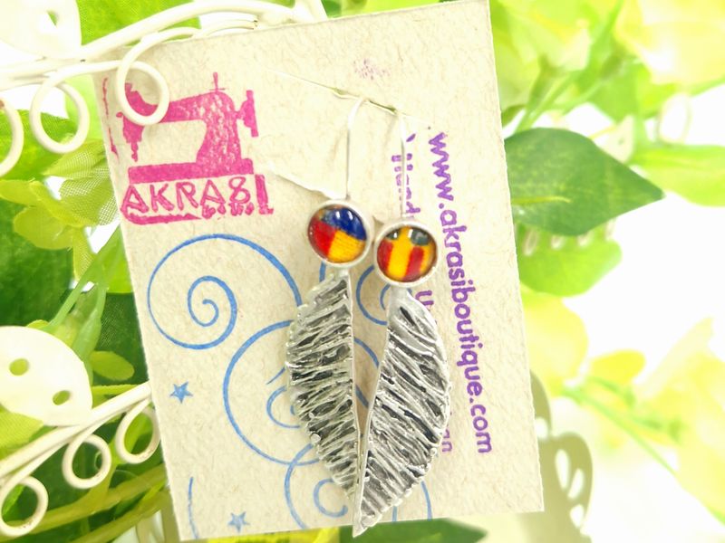 Antique silver black star kente winged drop earrings