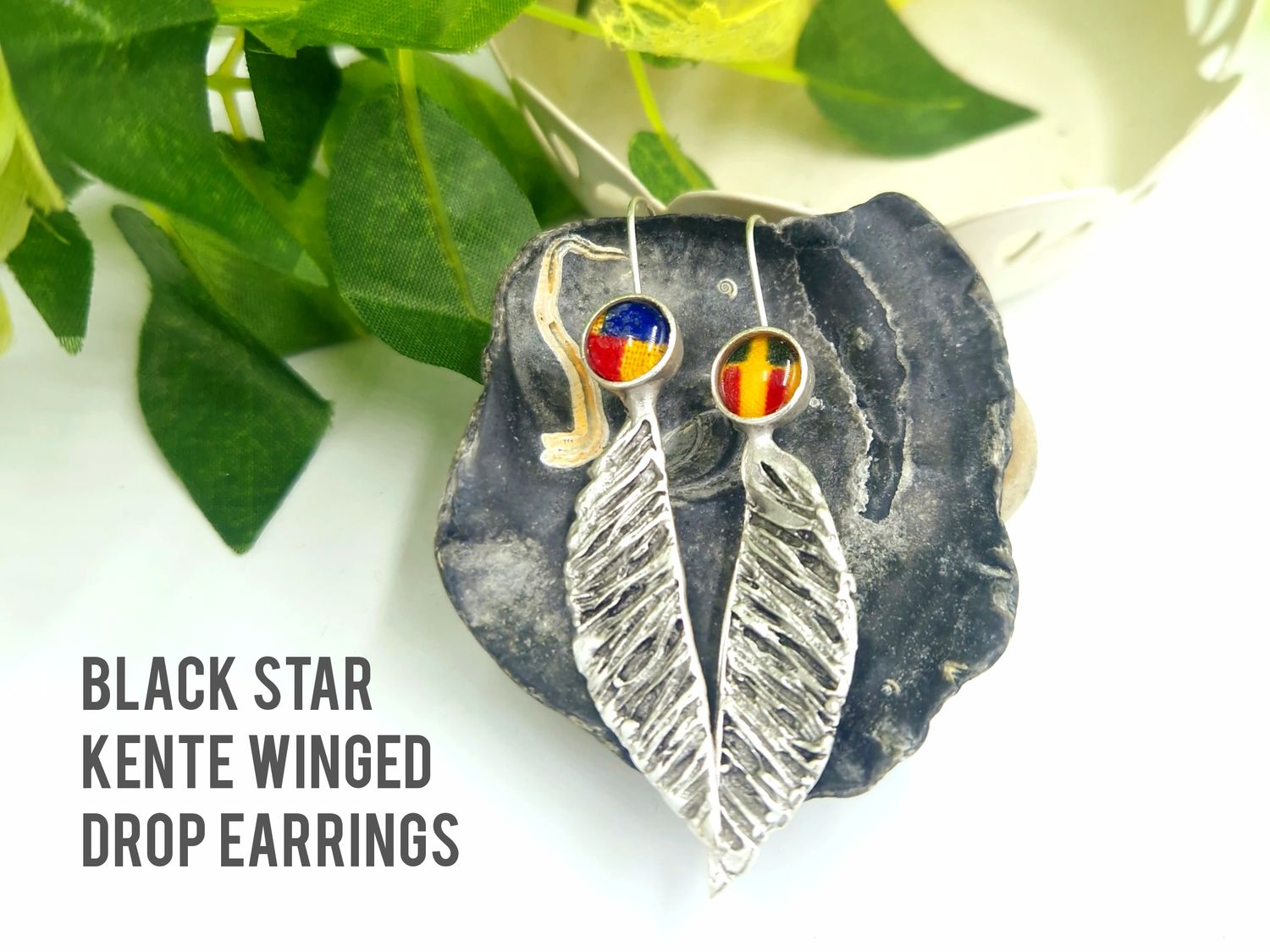 Antique silver black star kente winged drop earrings