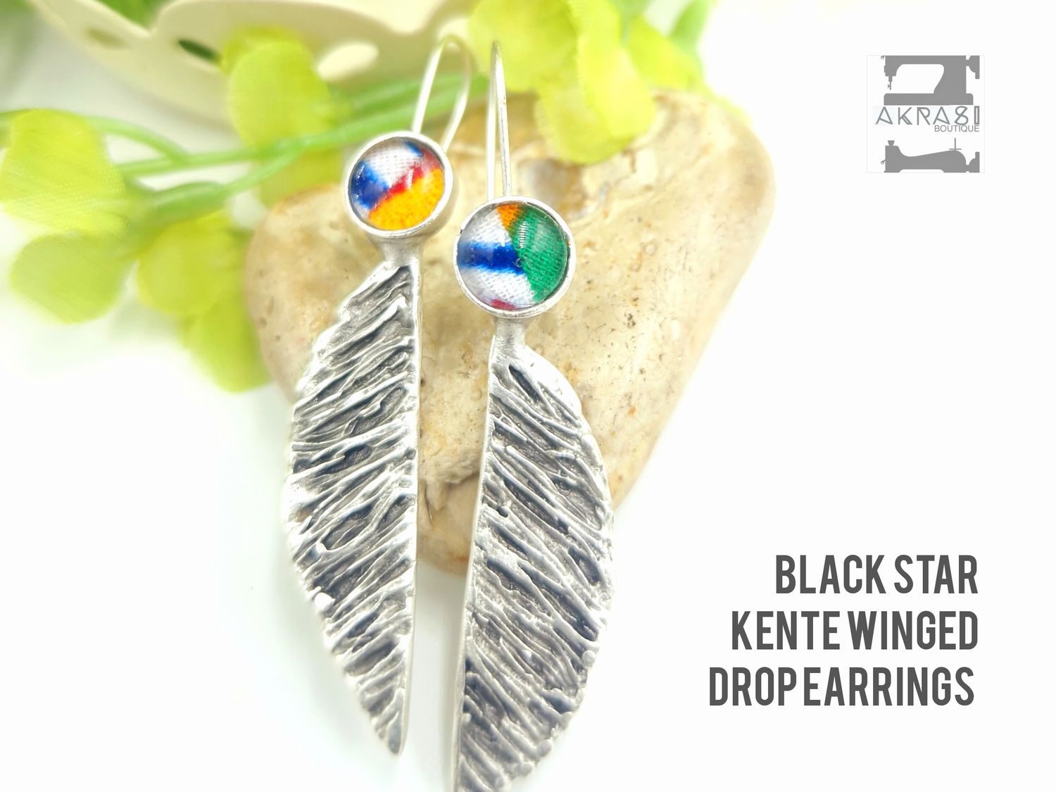 Antique silver black star kente winged drop earrings
