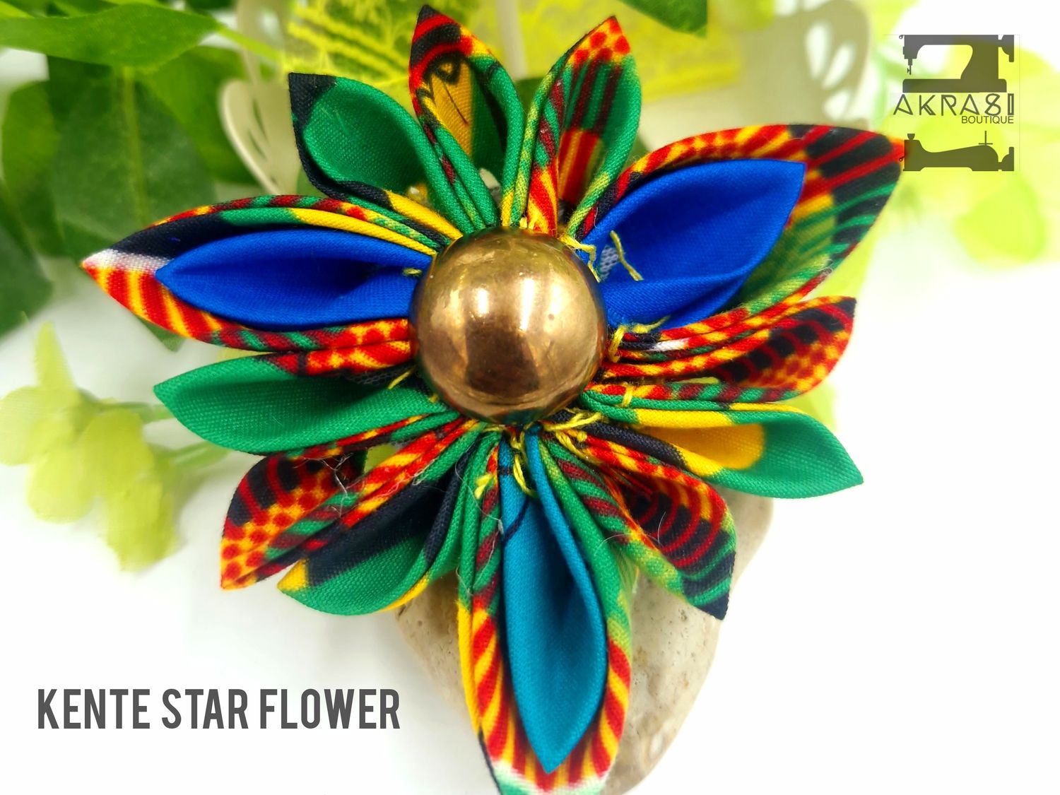 Star flower with button centre in dashiki print | kanzashi flower pin | flower hair clip | flower brooch | clothing accessories
