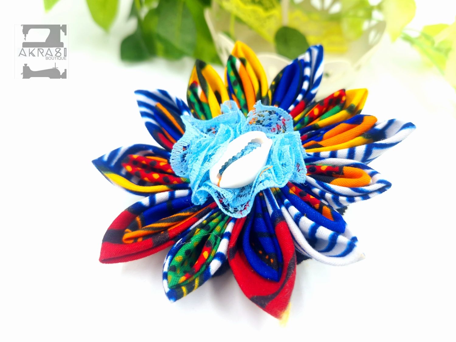 Star flower in kente with cowrie centre | kanzashi flower hair clip | flower brooch | clothing accessories