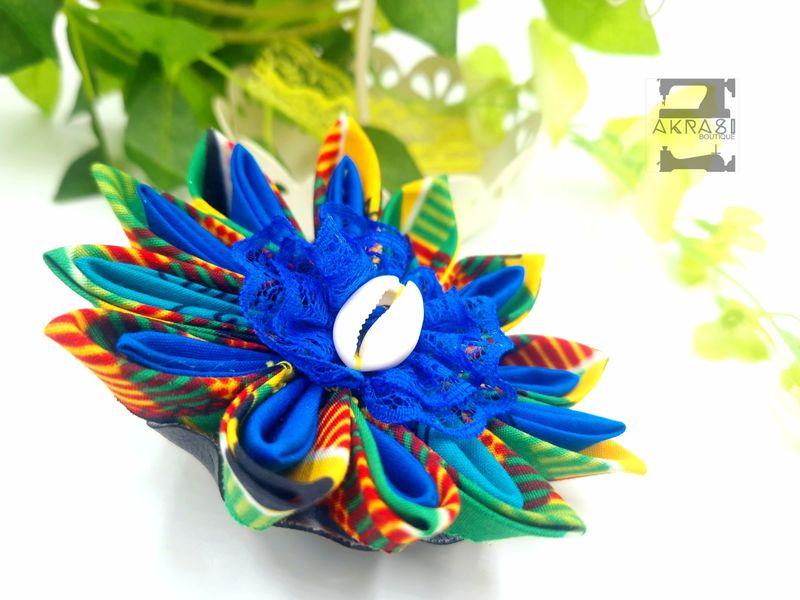 Star flower in kente with cowrie centre | kanzashi flower hair clip | flower brooch | clothing accessories