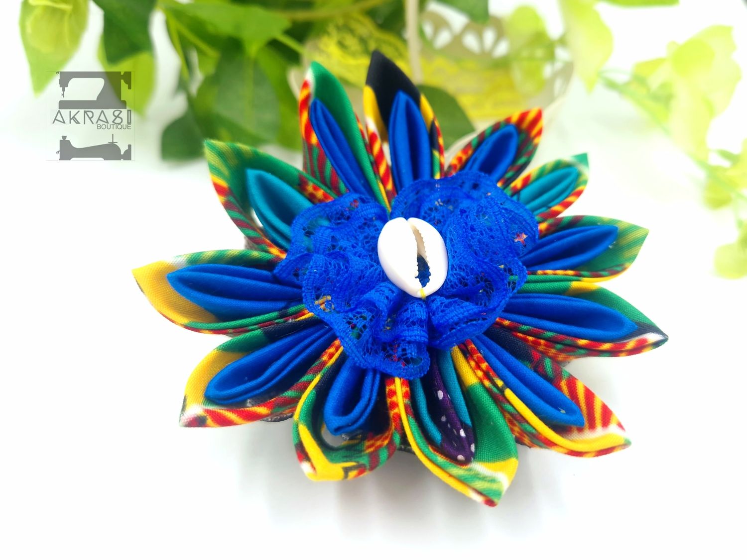 Star flower in kente with cowrie centre | kanzashi flower hair clip | flower brooch | clothing accessories