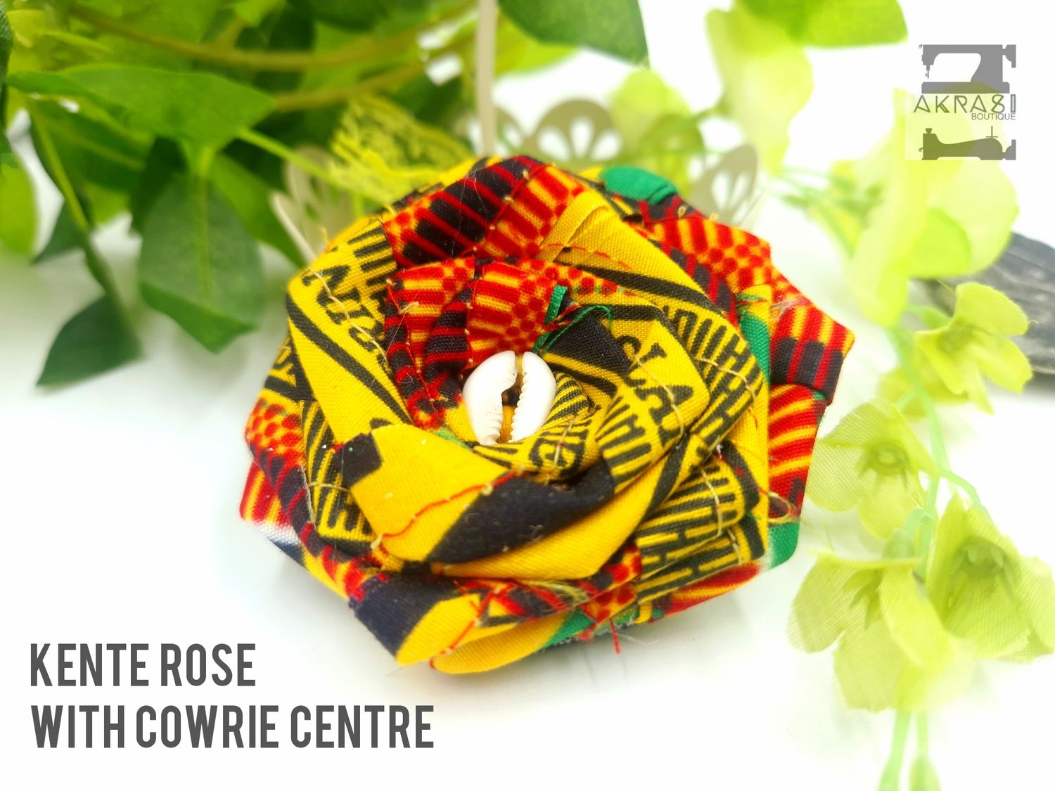 Orange and yellow kente rose flower with cowrie centre | flower hair pin | flower brooch