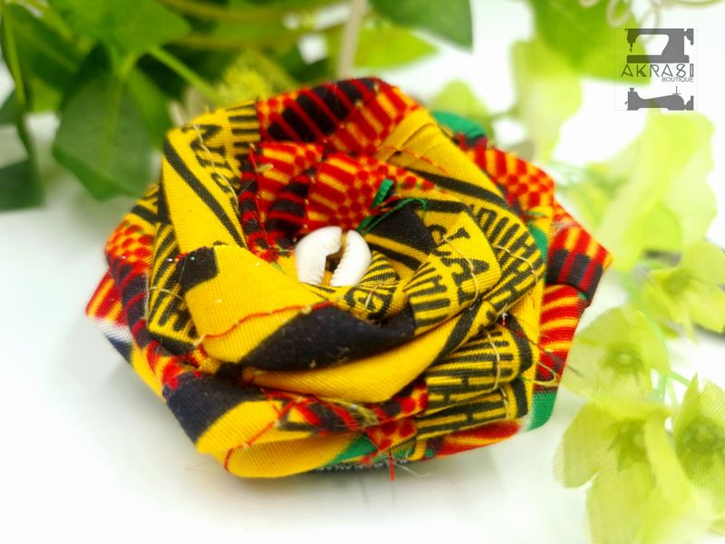 Orange and yellow kente rose flower with cowrie centre | flower hair pin | flower brooch