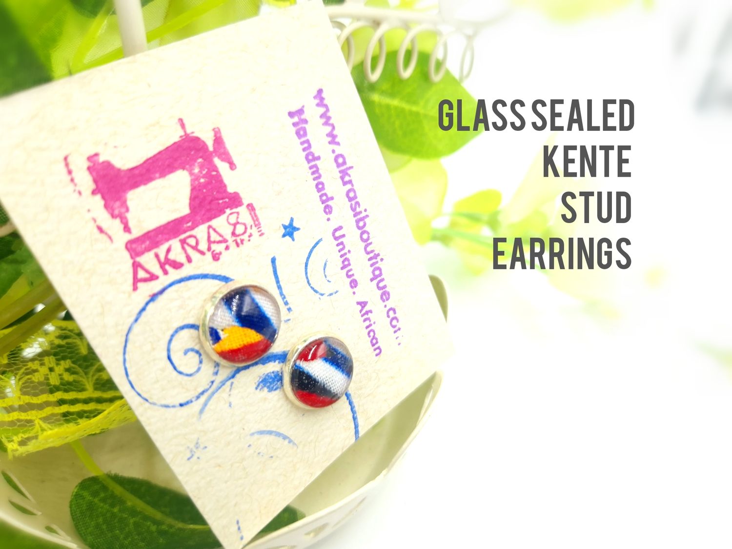 Round kente in white, red and blue on silver stud earrings sealed in glass