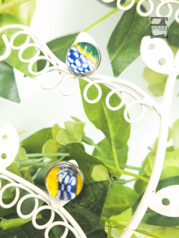 Glass dome blue and white kente silver stud earrings