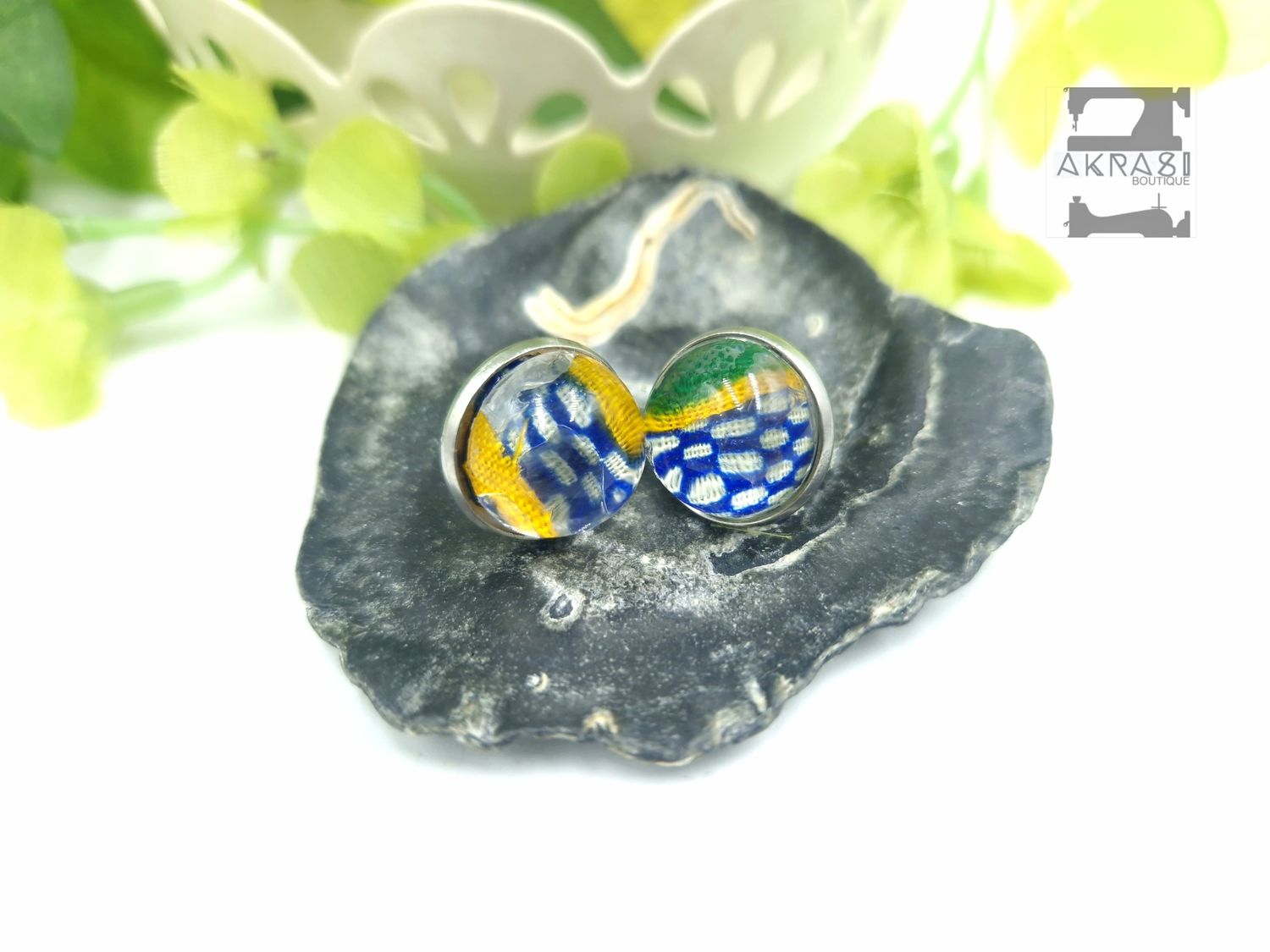 Glass dome blue and white kente silver stud earrings Glass dome blue and white kente silver stud earrings
