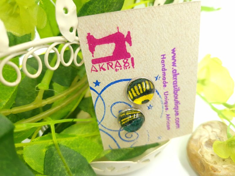 Glass dome green ankara silver stud earrings