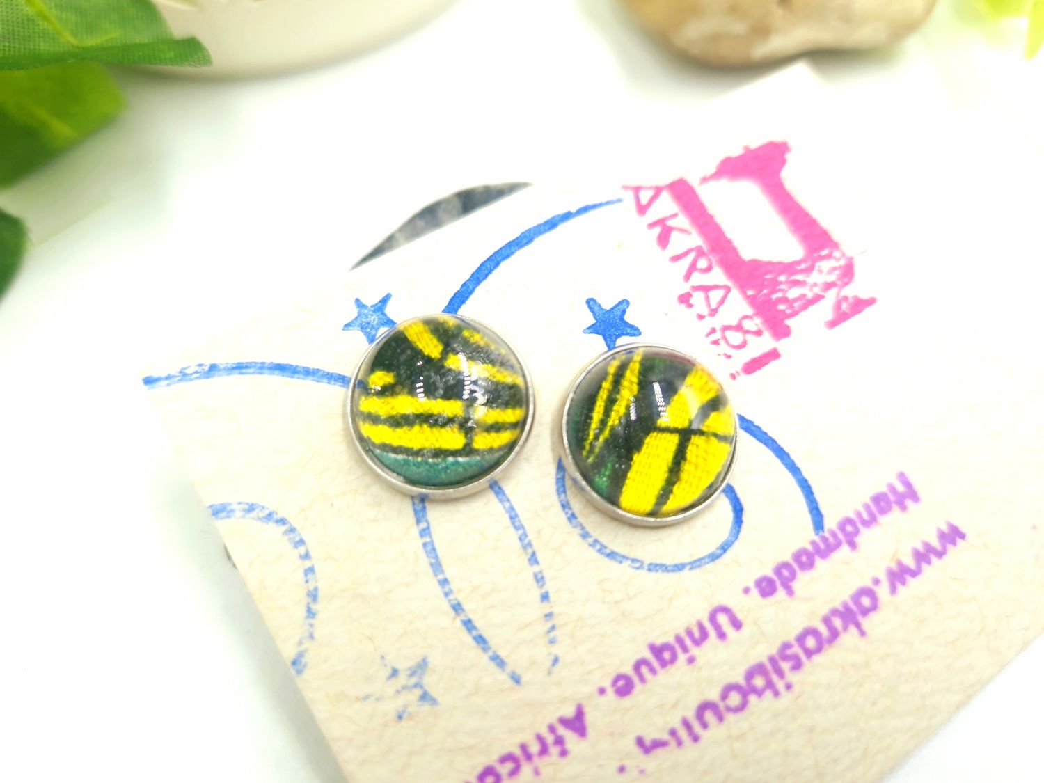 Glass dome green ankara silver stud earrings
