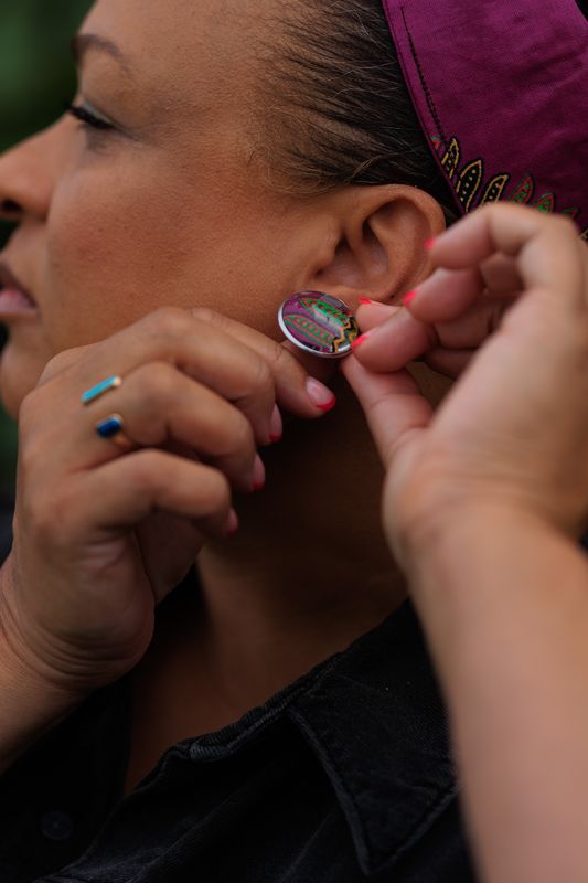 Round purple dashiki silver stud earrings sealed in glass