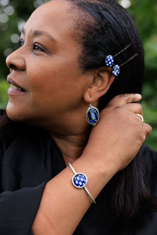 Silver Kente collection accessory set silver includes bracelet, bobby pins and matching silver drop earrings
