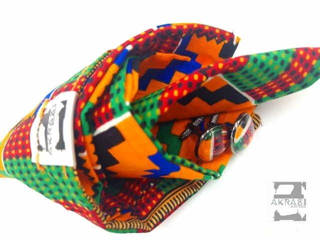 Custom handmade Kente and Dashiki pocket square and lapel pin sets for Alex