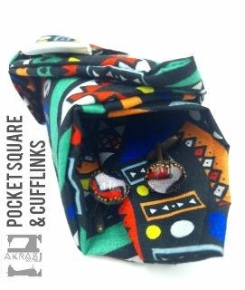 Custom handmade Kente and Dashiki pocket square and lapel pin sets for Alex