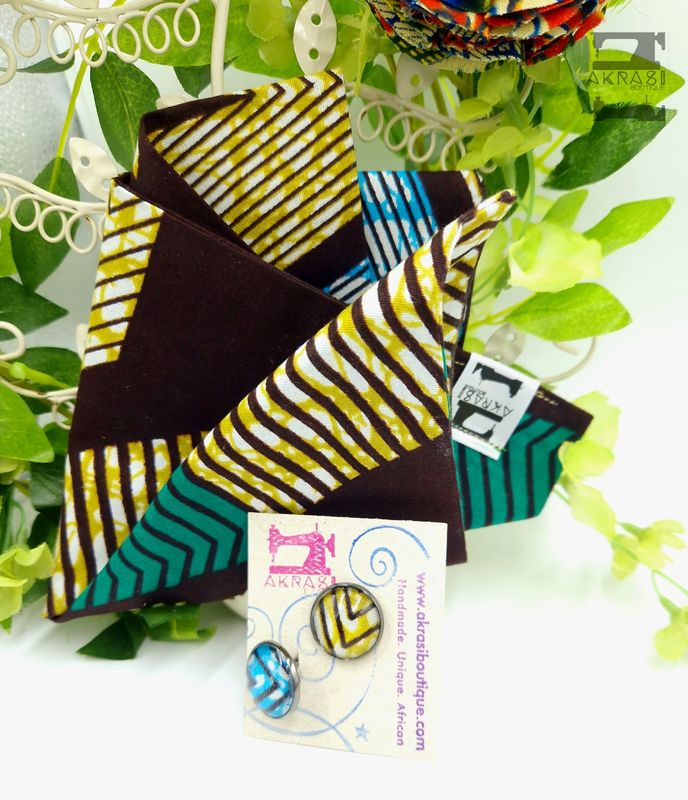 Geometric African wax print pocket square with glass cufflinks | men's accessories | Ankara pocket square | African cufflinks