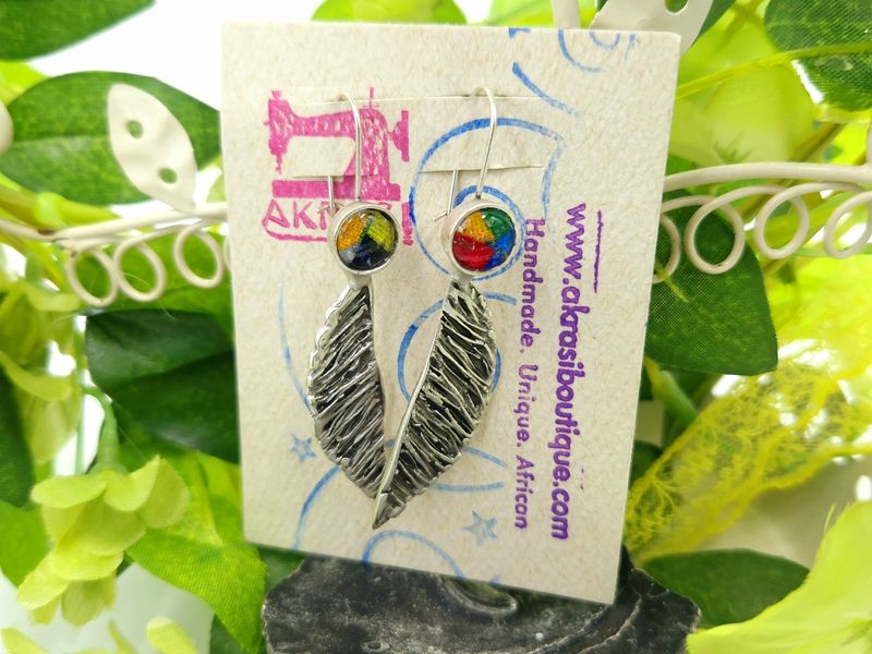 Antique silver black star kente winged drop earrings
