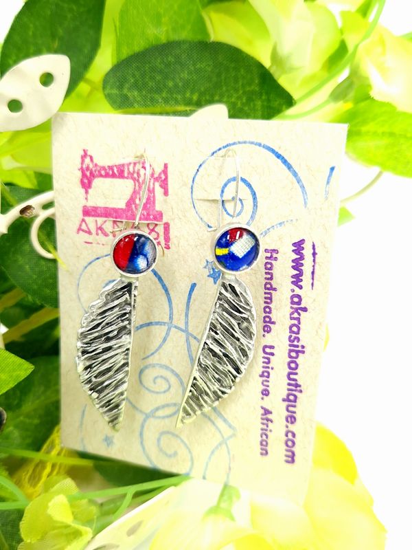 Antique silver black star kente winged drop earrings