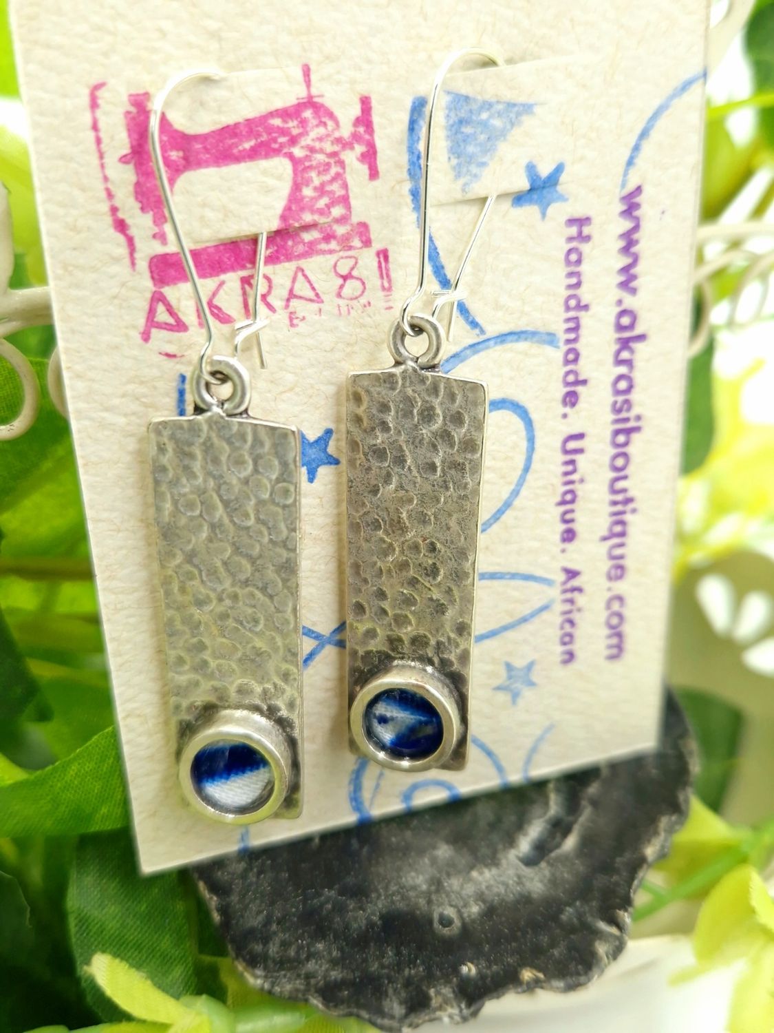 Antique silver with blue and white kente detail drop earrings
