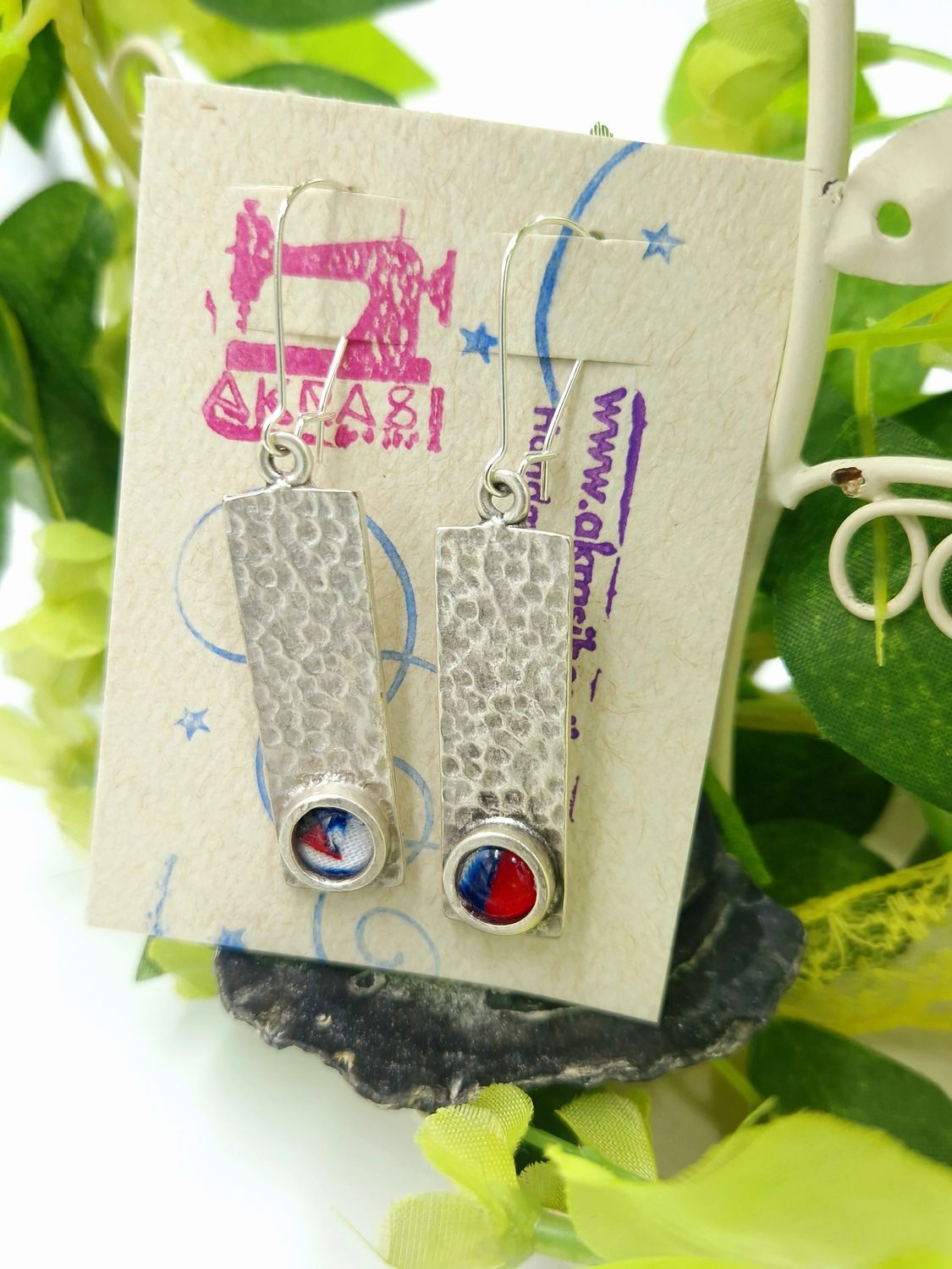 Antique silver with blue, white and red kente detail drop earrings