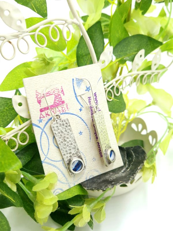 Antique silver with blue and white kente detail drop earrings
