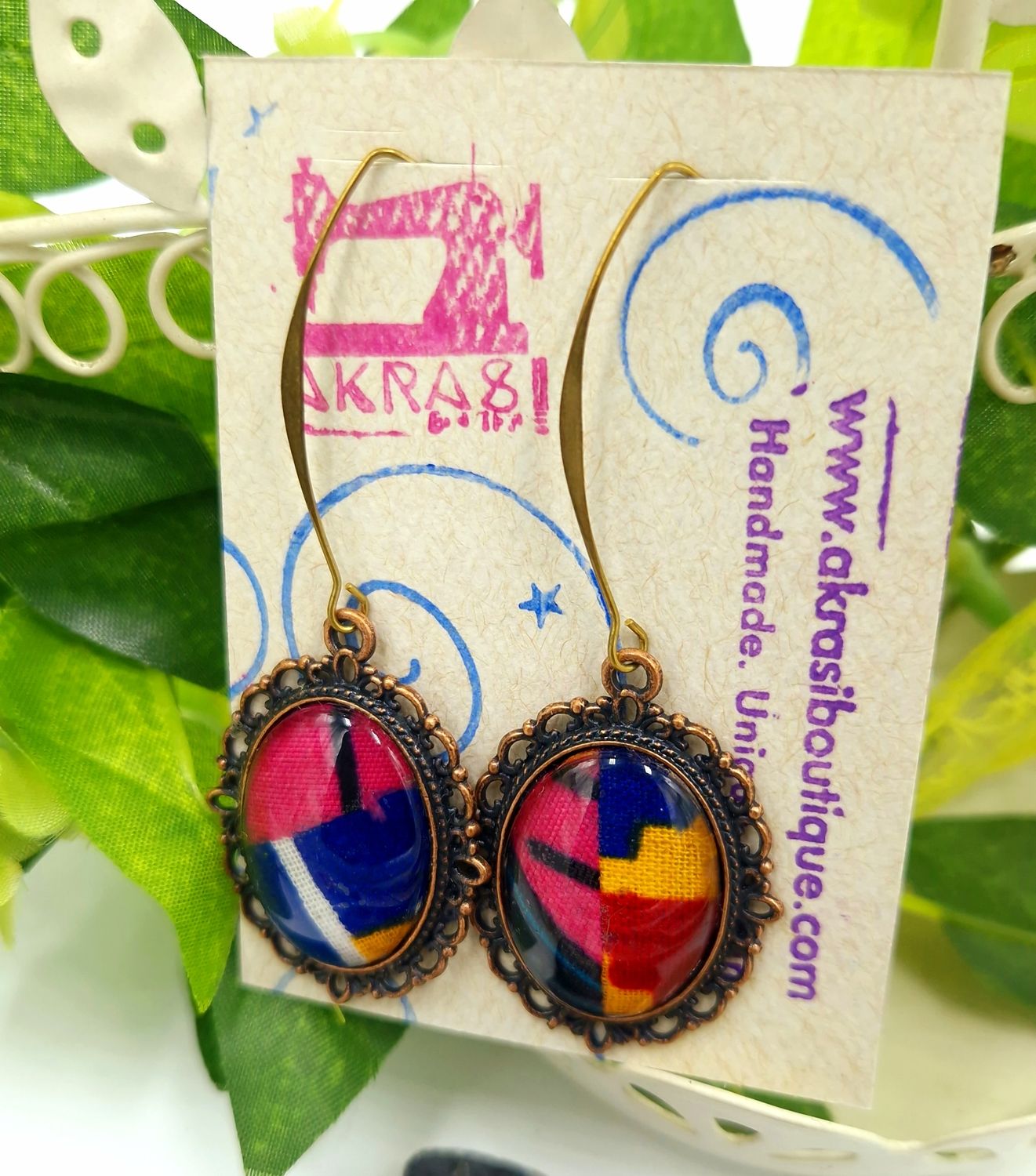 Oval ankara copper drop earrings sealed in glass