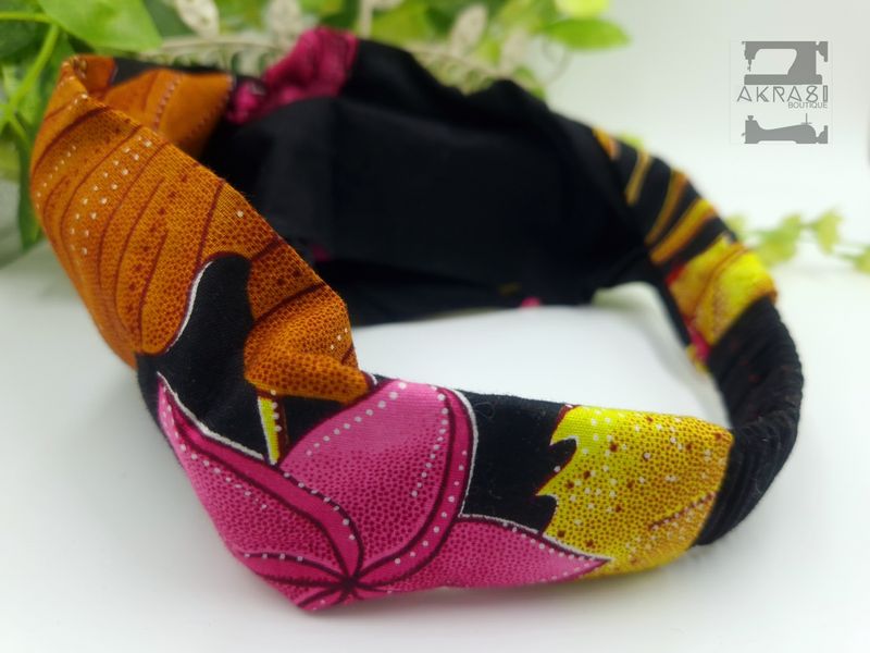 Black Ankara floral print half turban headband | African wax print headwrap | African twisted headband