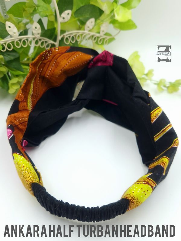 Black Ankara floral print half turban headband | African wax print headwrap | African twisted headband
