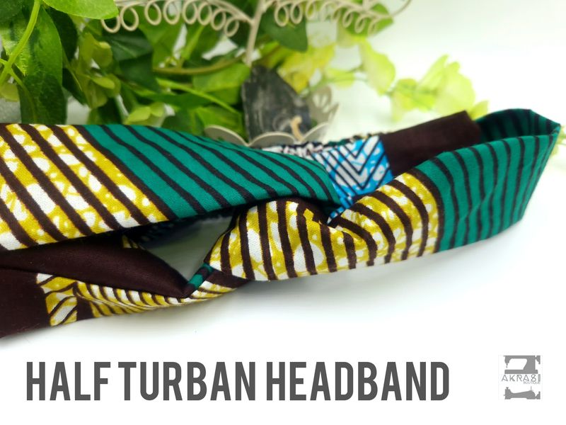 Green brown and yellow geometric print half turban headband | African wax print headwrap | African twisted headband