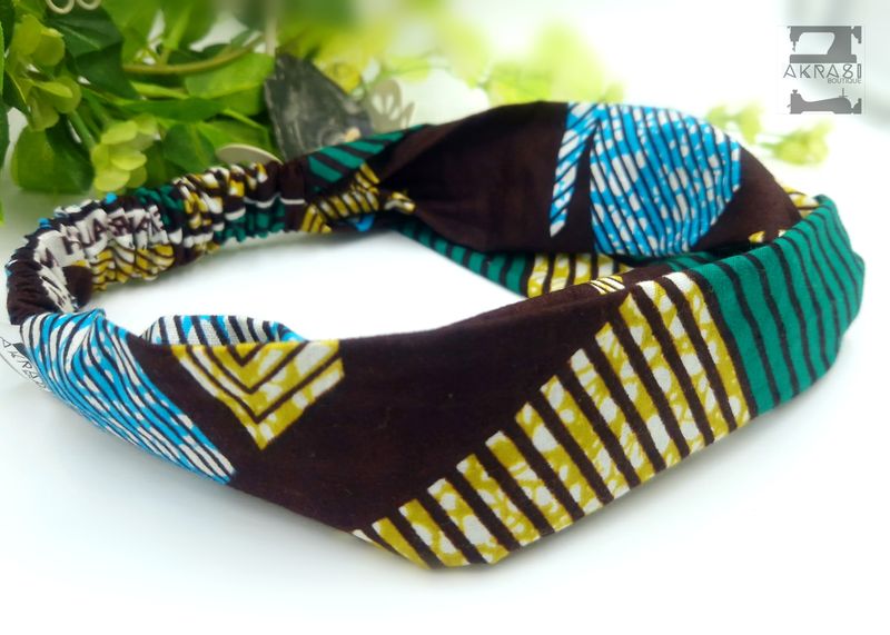 Green brown and yellow geometric print half turban headband | African wax print headwrap | African twisted headband