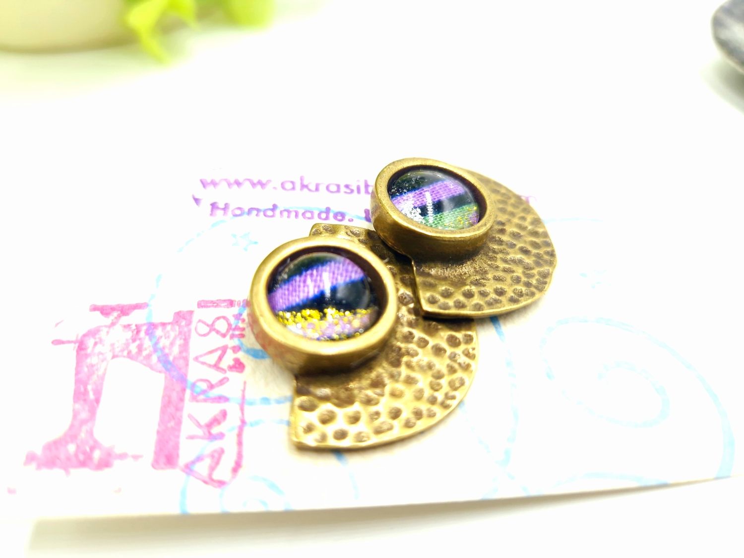 Ankara and gold bronze stud earrings sealed in glass