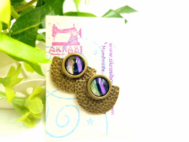 Ankara and gold bronze stud earrings sealed in glass