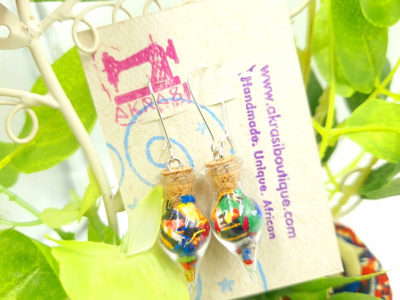 Ankara alchemy mashup scifunk collection drop earrings sealed in glass