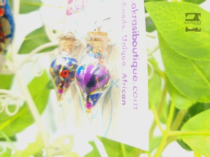 Ankara alchemy mashup scifunk collection drop earrings sealed in glass