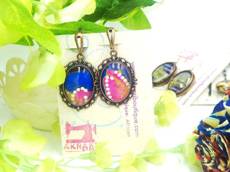 Oval kente copper drop earrings sealed in glass