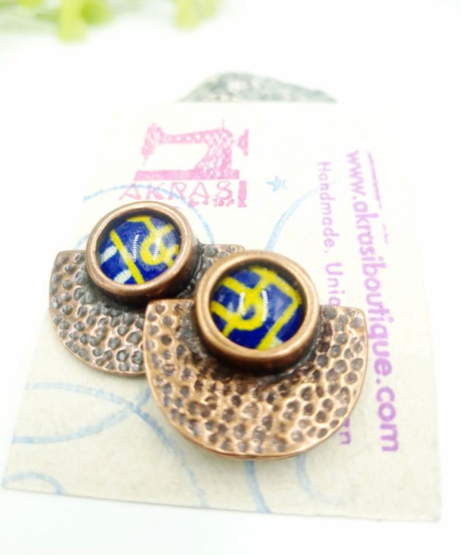 Blue and gold bronze stud earrings sealed in glass