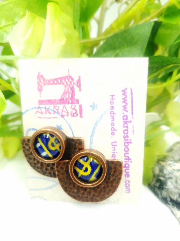 Blue and gold bronze stud earrings sealed in glass