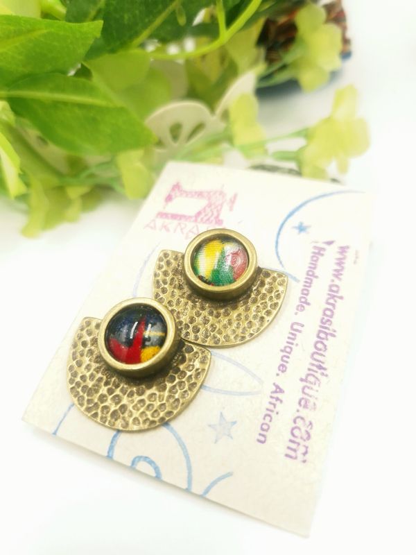 Blue and gold bronze stud earrings sealed in glass