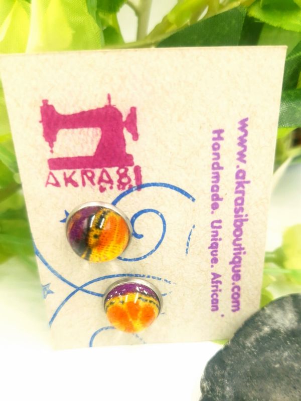Round deconstructed kente in orange and yellow silver stud earrings